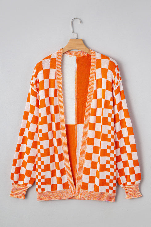 Relaxed Checkered Print Open Front Knit Cardigan
