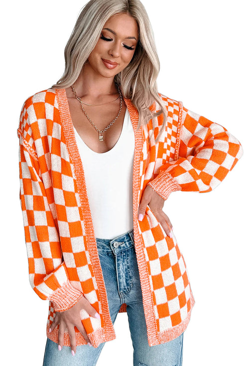Relaxed Checkered Print Open Front Knit Cardigan