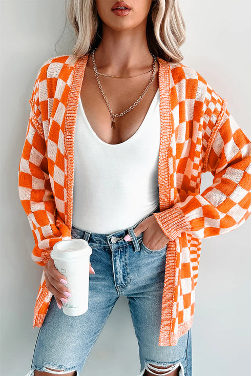 Relaxed Checkered Print Open Front Knit Cardigan