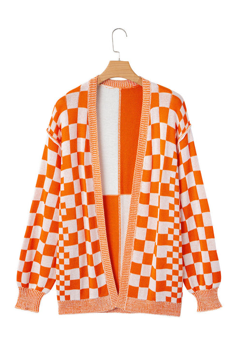Relaxed Checkered Print Open Front Knit Cardigan