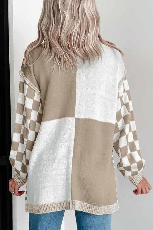 Relaxed Checkered Print Open Front Knit Cardigan