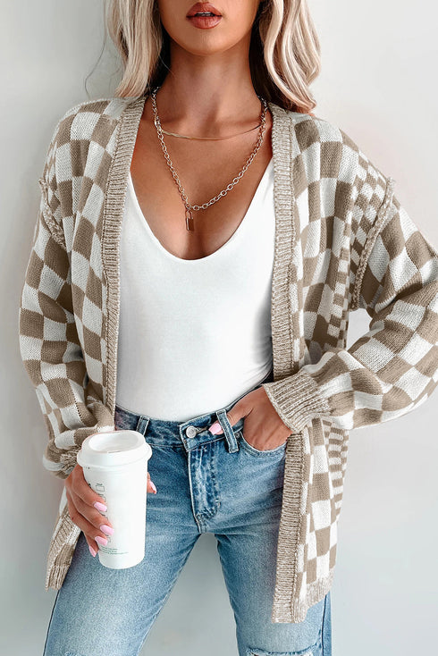 Relaxed Checkered Print Open Front Knit Cardigan