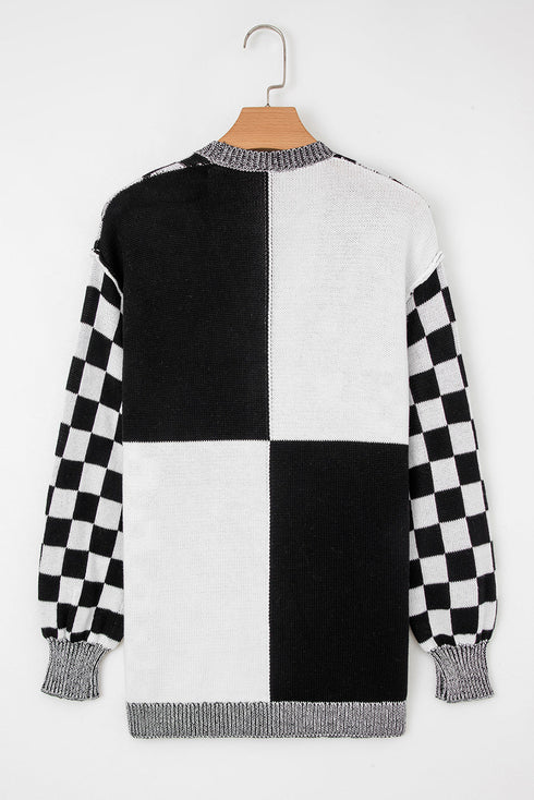 Relaxed Checkered Print Open Front Knit Cardigan