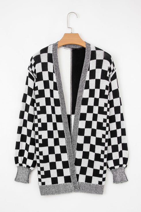 Relaxed Checkered Print Open Front Knit Cardigan