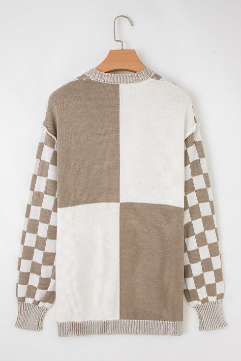 Relaxed Checkered Print Open Front Knit Cardigan