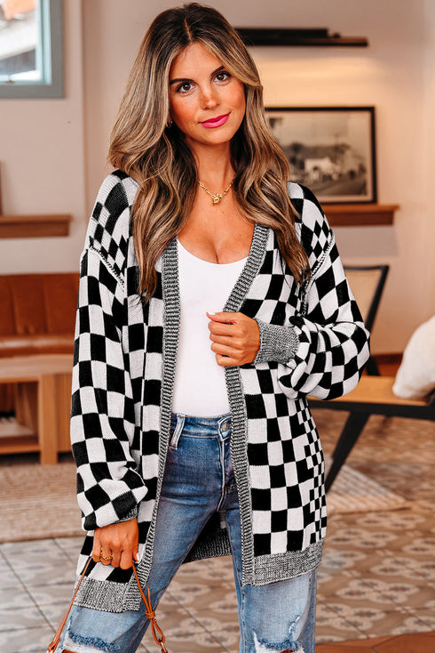 Relaxed Checkered Print Open Front Knit Cardigan