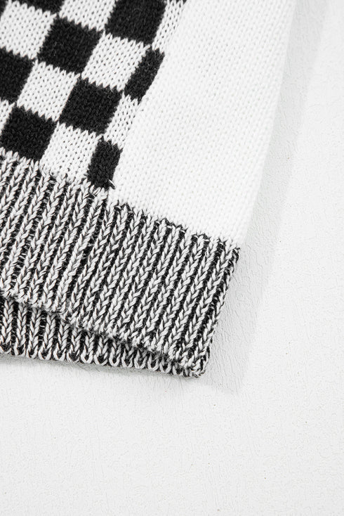 Relaxed Checkered Print Open Front Knit Cardigan