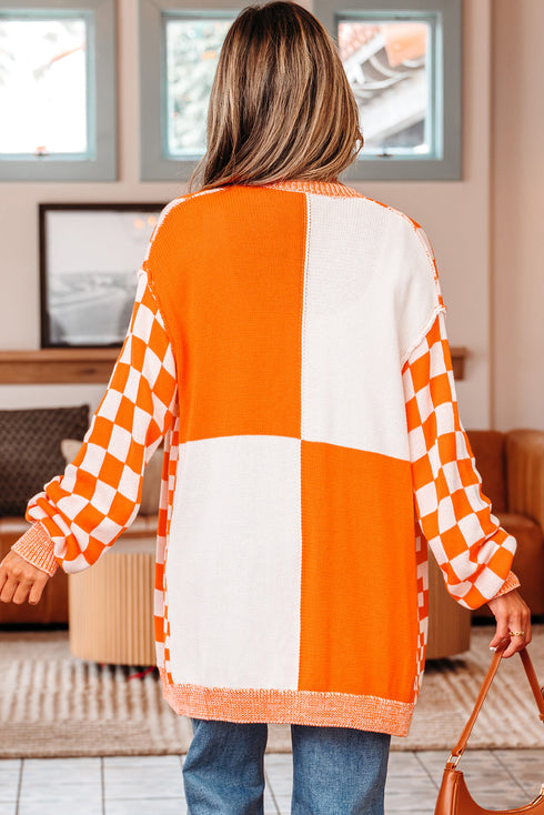 Relaxed Checkered Print Open Front Knit Cardigan