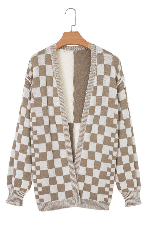 Relaxed Checkered Print Open Front Knit Cardigan