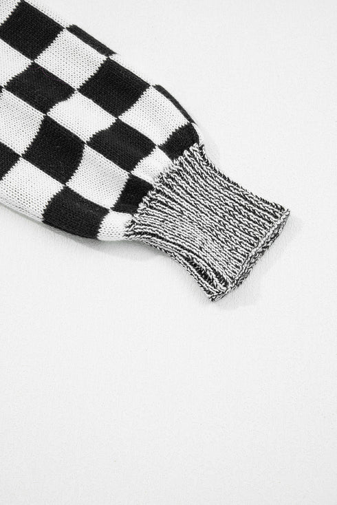 Relaxed Checkered Print Open Front Knit Cardigan