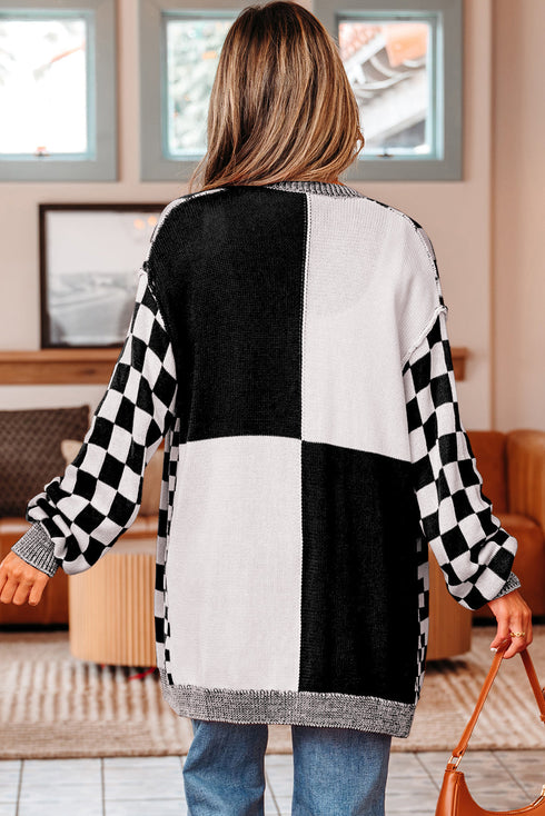 Relaxed Checkered Print Open Front Knit Cardigan