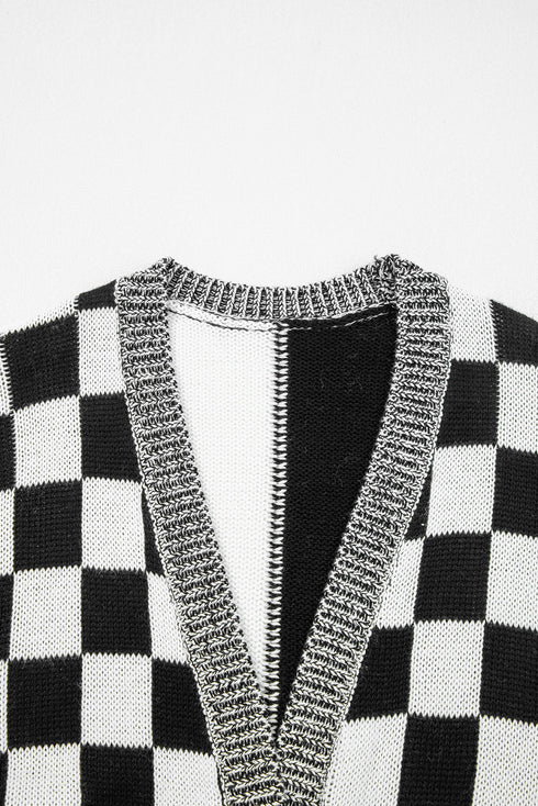 Relaxed Checkered Print Open Front Knit Cardigan