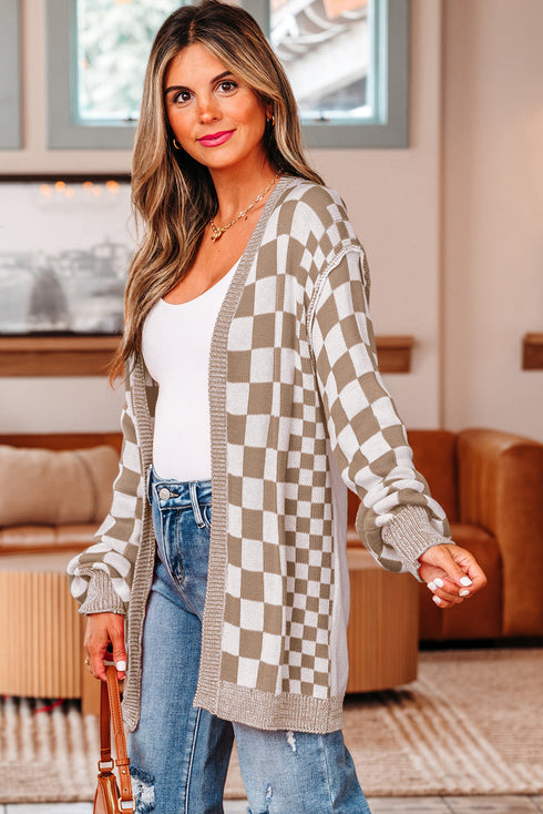 Relaxed Checkered Print Open Front Knit Cardigan