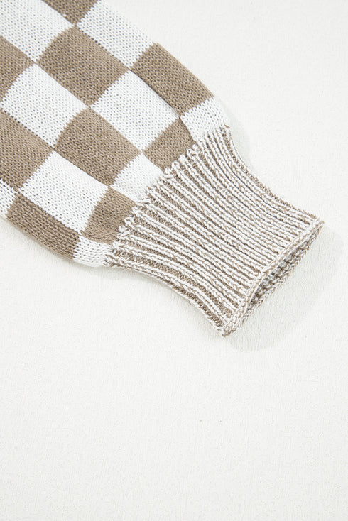 Relaxed Checkered Print Open Front Knit Cardigan