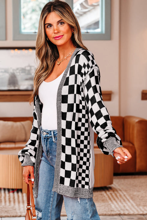 Relaxed Checkered Print Open Front Knit Cardigan