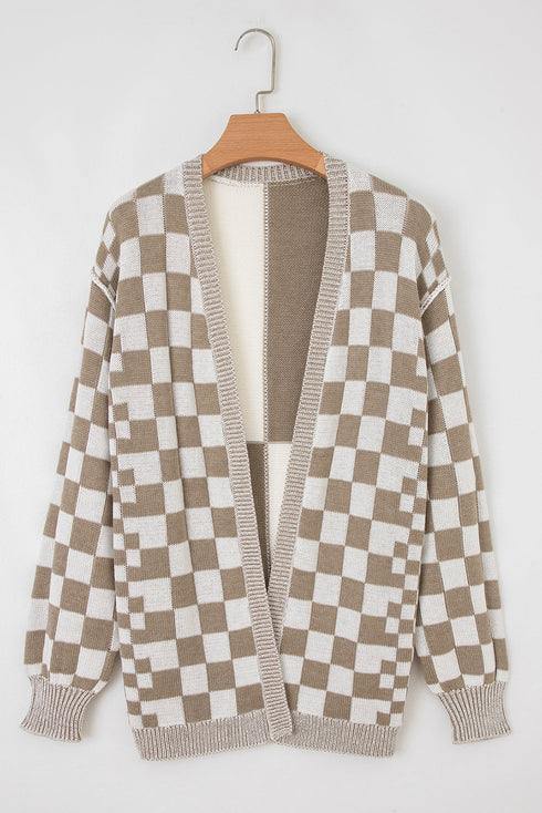 Relaxed Checkered Print Open Front Knit Cardigan
