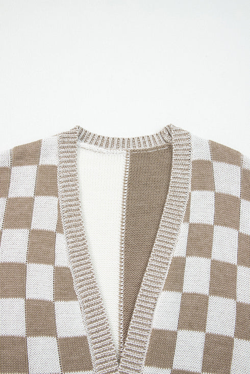 Relaxed Checkered Print Open Front Knit Cardigan