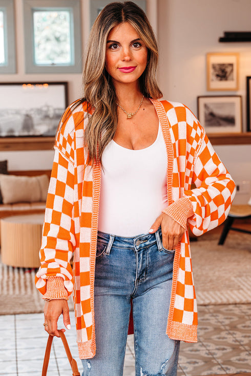 Relaxed Checkered Print Open Front Knit Cardigan