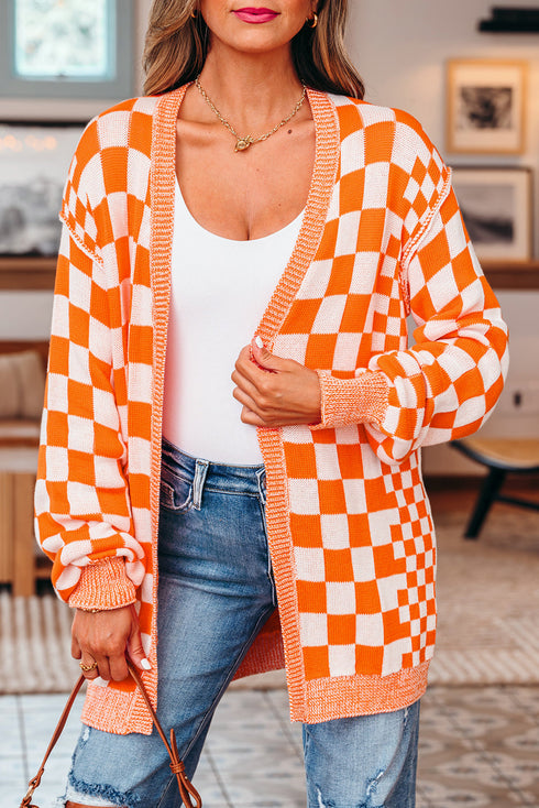 Relaxed Checkered Print Open Front Knit Cardigan