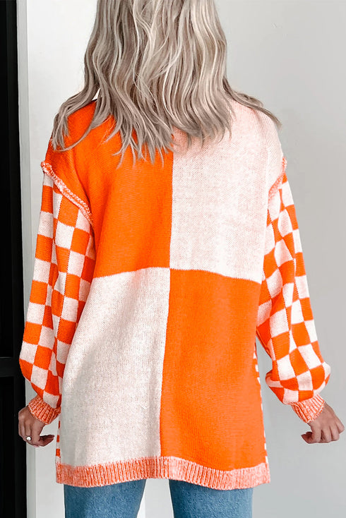 Relaxed Checkered Print Open Front Knit Cardigan
