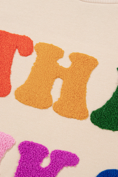 Relaxed Chenille Letter Patch Graphic Crew Neck Sweatshirt