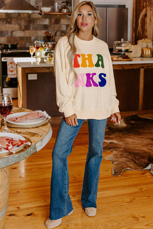Relaxed Chenille Letter Patch Graphic Crew Neck Sweatshirt