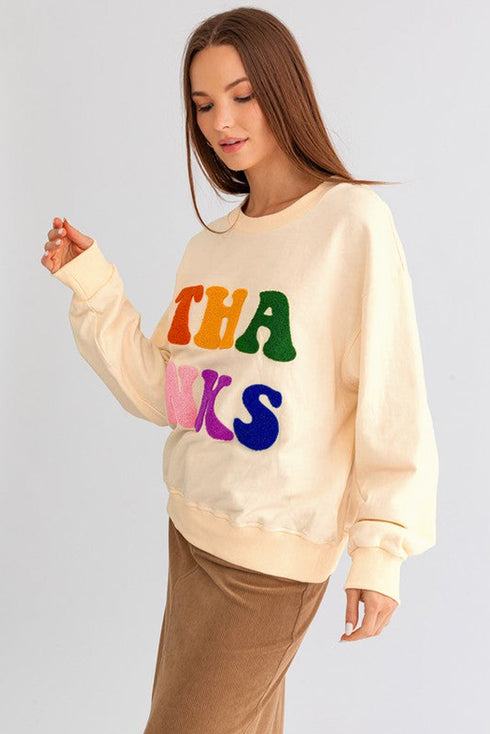 Relaxed Chenille Letter Patch Graphic Crew Neck Sweatshirt