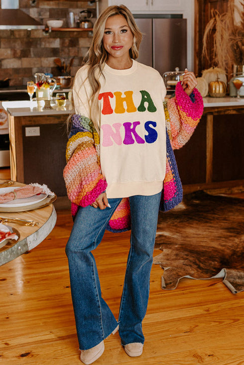 Relaxed Chenille Letter Patch Graphic Crew Neck Sweatshirt