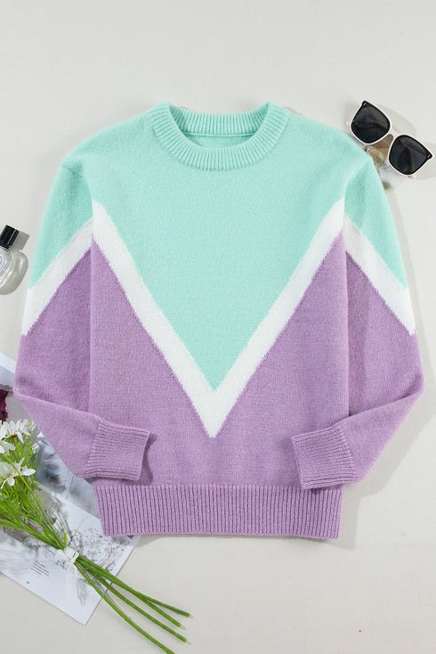 Relaxed Chevron Color Block Crew Neck Sweater
