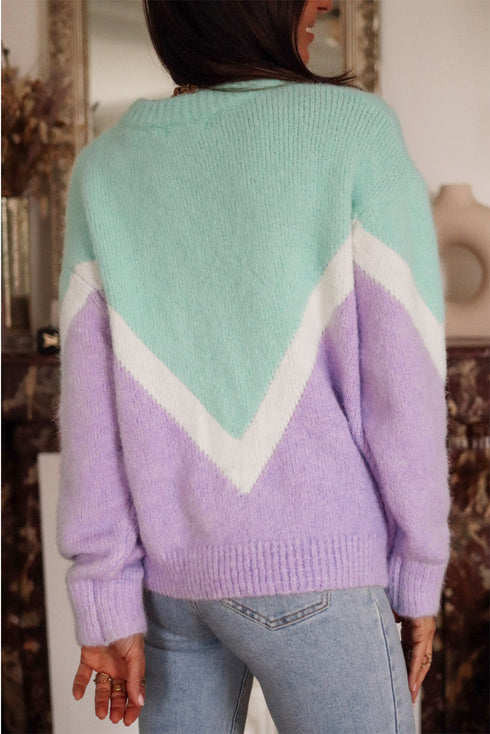 Relaxed Chevron Color Block Crew Neck Sweater