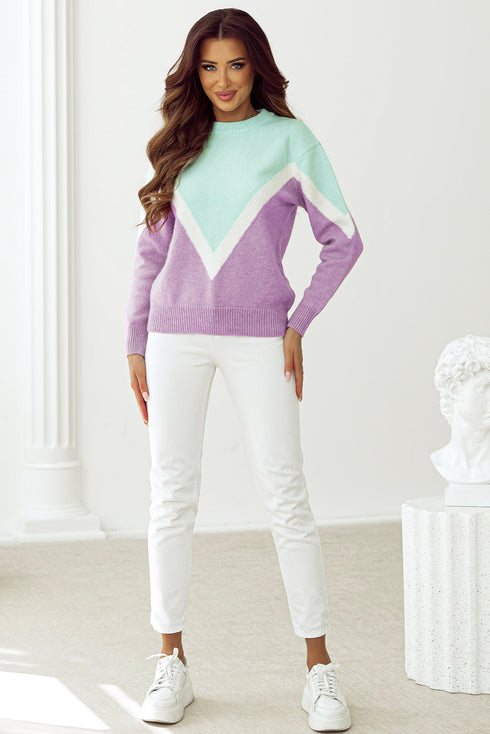 Relaxed Chevron Color Block Crew Neck Sweater