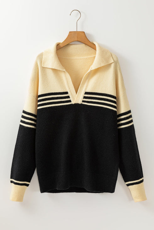 Relaxed Collared V Neck Color Block Sweater