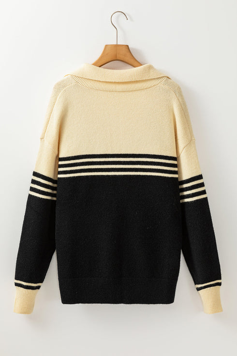 Relaxed Collared V Neck Color Block Sweater