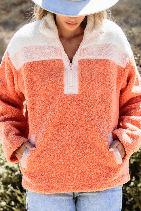 Relaxed Color Block Quarter Zip Sherpa Pullover