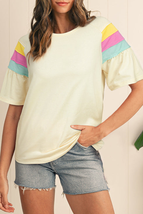 Relaxed Color Block Stitched Sleeve Detail Loose Fit Casual T-shirt Top