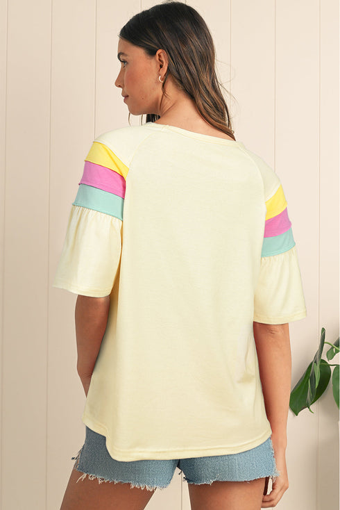 Relaxed Color Block Stitched Sleeve Detail Loose Fit Casual T-shirt Top