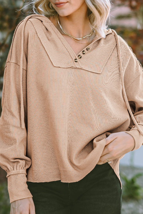 Relaxed Corded Button Front Raw Hem Hoodie