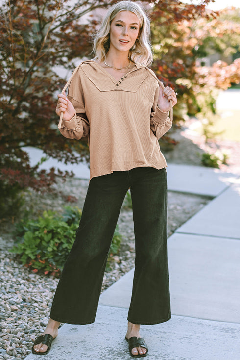 Relaxed Corded Button Front Raw Hem Hoodie