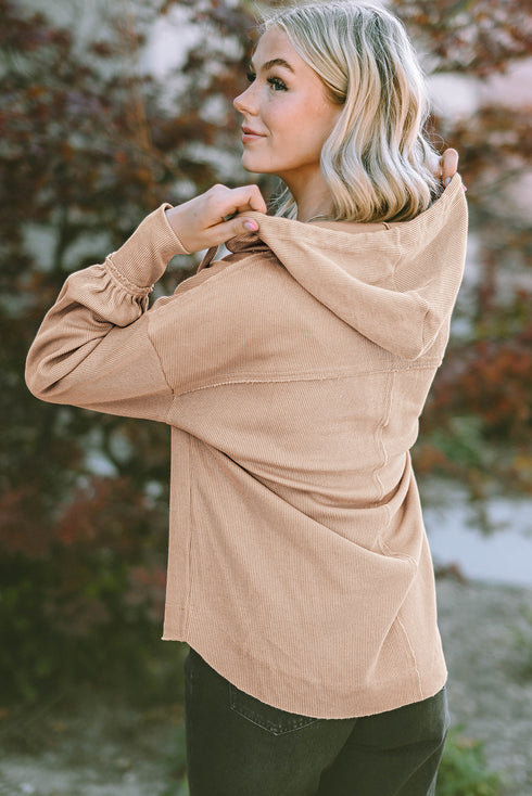 Relaxed Corded Button Front Raw Hem Hoodie