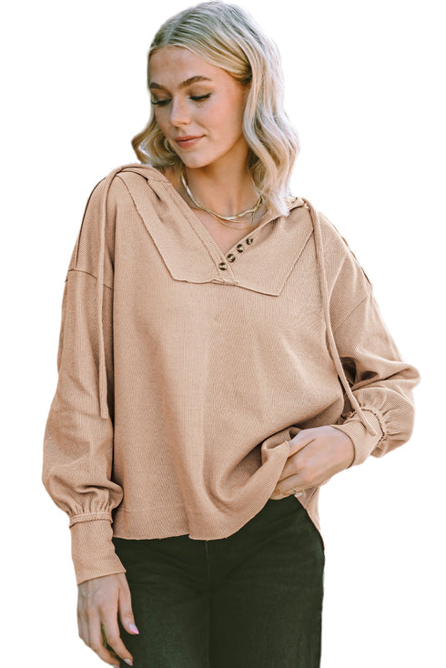 Relaxed Corded Button Front Raw Hem Hoodie