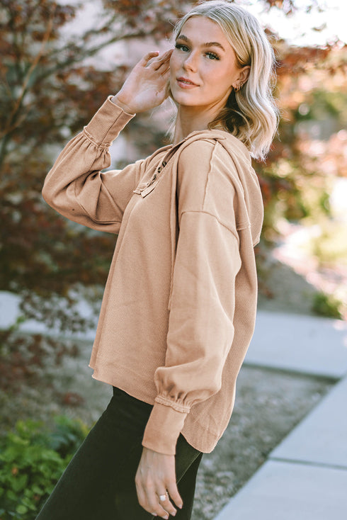 Relaxed Corded Button Front Raw Hem Hoodie