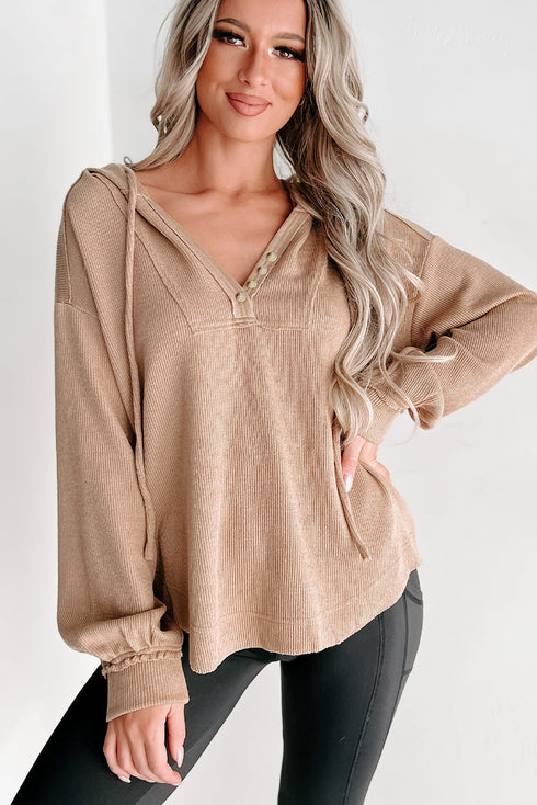 Relaxed Corded Button Front Raw Hem Hoodie
