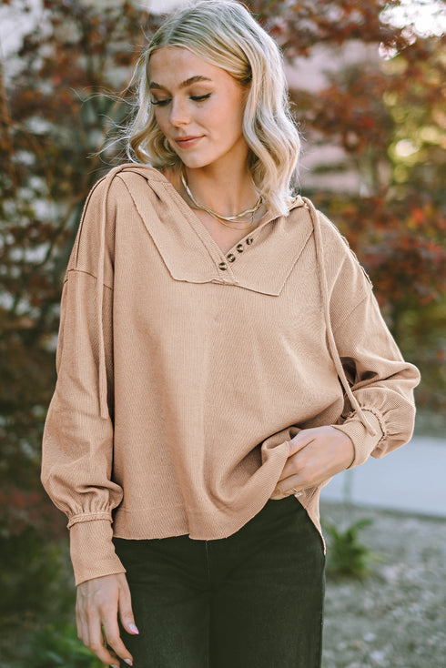Relaxed Corded Button Front Raw Hem Hoodie
