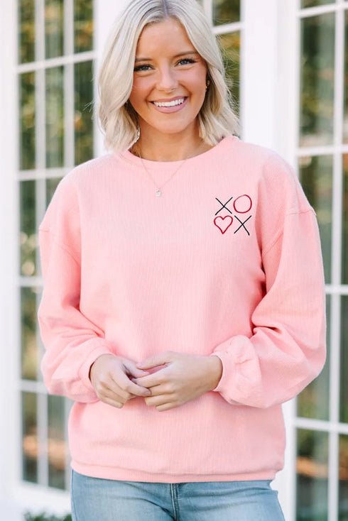 Relaxed Corded Texture Heart Graphic Pullover Sweatshirt