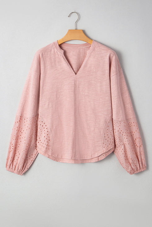 Relaxed Cotton Batwing Sleeve Notch Neck Blouse