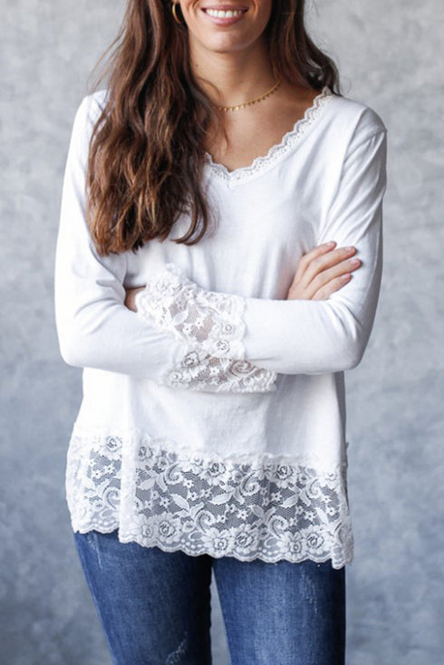Relaxed Cotton V Neck Lace Detail Long Sleeve Top