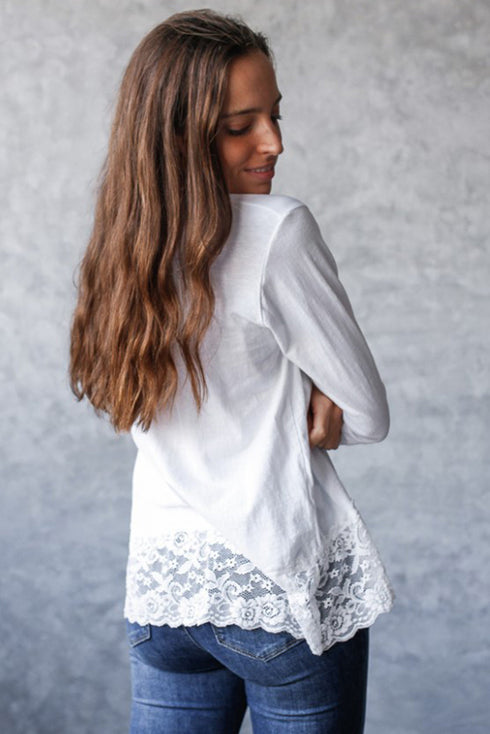 Relaxed Cotton V Neck Lace Detail Long Sleeve Top
