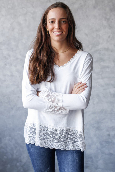Relaxed Cotton V Neck Lace Detail Long Sleeve Top