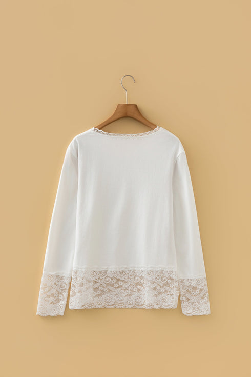 Relaxed Cotton V Neck Lace Detail Long Sleeve Top