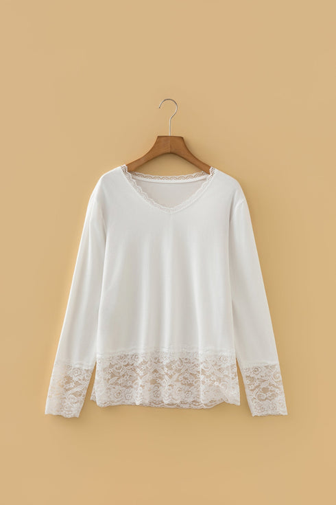 Relaxed Cotton V Neck Lace Detail Long Sleeve Top